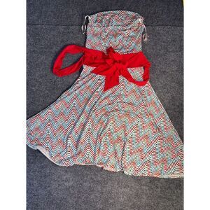 bebe O A Line Dress Womens Small Multicolor Geo Print Bow Waist Off the Shoulder